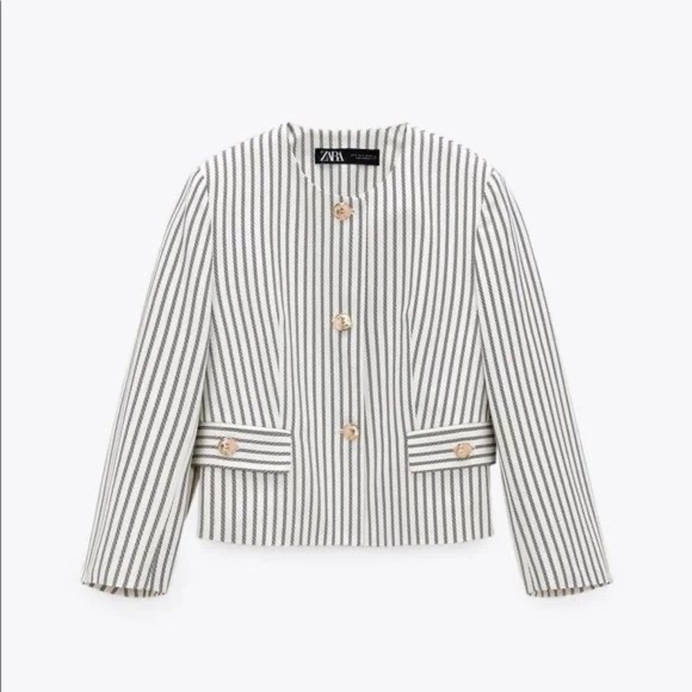 Zara Black and White Blazer Modern Collarless Design